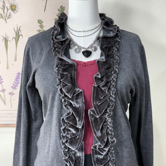 Y2k Velvet Ruffle Cardigan Sweater Gloomy Coquette Whimsigoth Romantic Goth L - Picture 3 of 9